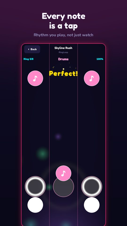 Gameplay: notes falling in lanes with a Perfect hit