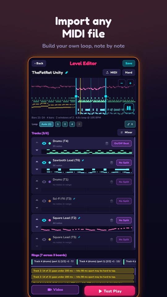 Level editor showing imported MIDI tracks